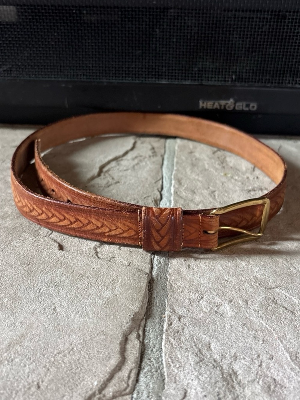 Tooled Brown Leather Belt with Brass Buckle 34”